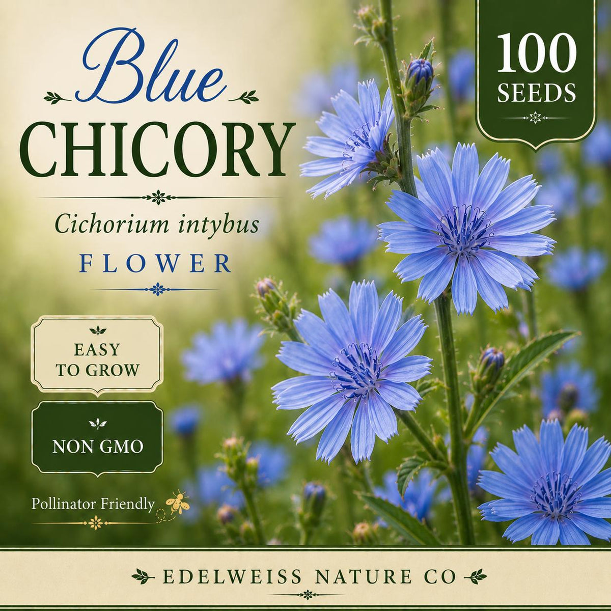 100 Blue Chicory Seeds – Heirloom Non-GMO Cichorium intybus Wildflower for Pollinator Gardens