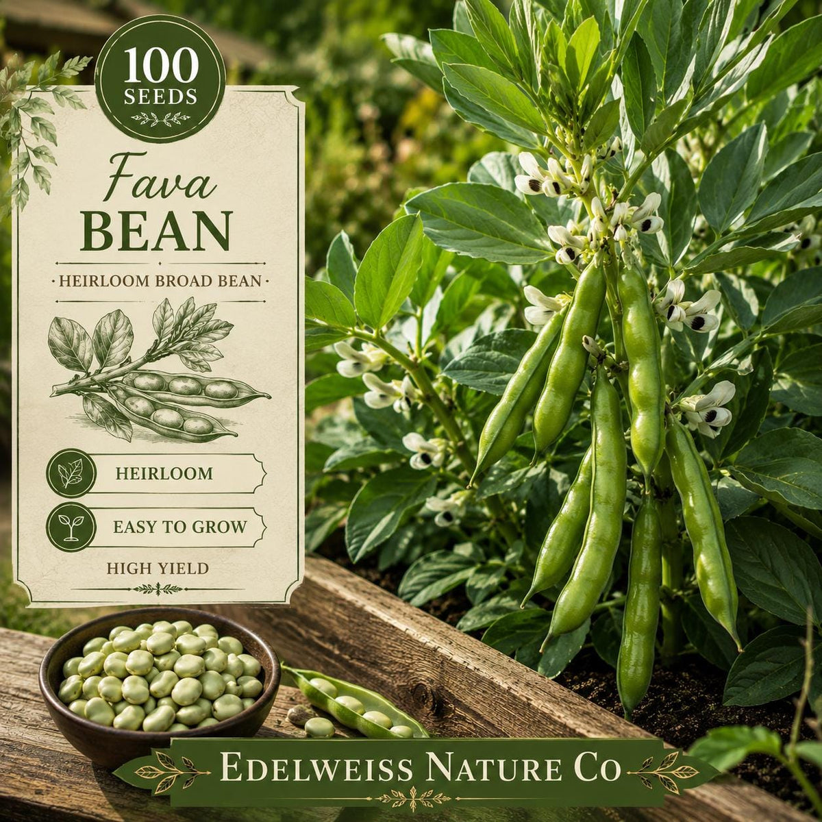 Heirloom Fava Bean Seeds – Broad Bean Vegetable, Easy Grow, High Yield (10 Pack)