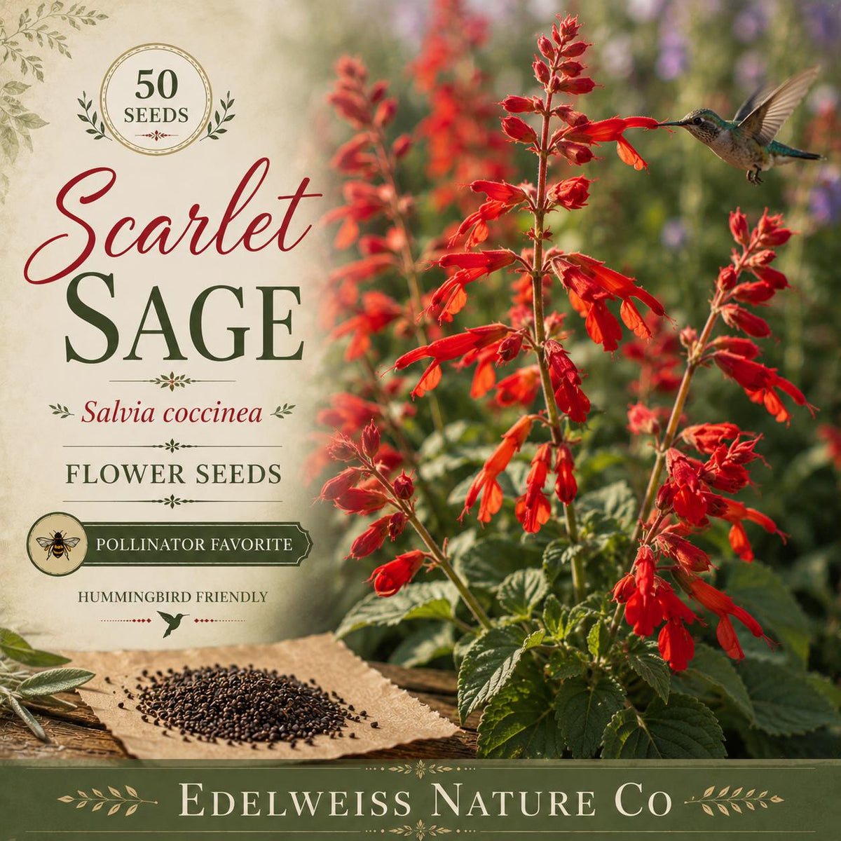 Salvia coccinea 50 Seeds – Scarlet Sage Heirloom Non-GMO Red Flower for Pollinator Gardens