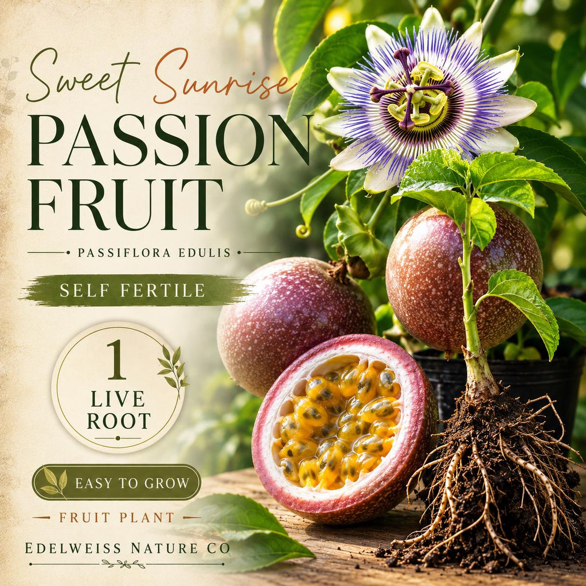 1 Sweet Sunrise Passion Fruit Plant – Self-Fertile Heirloom Vine Starter (Passiflora edulis)