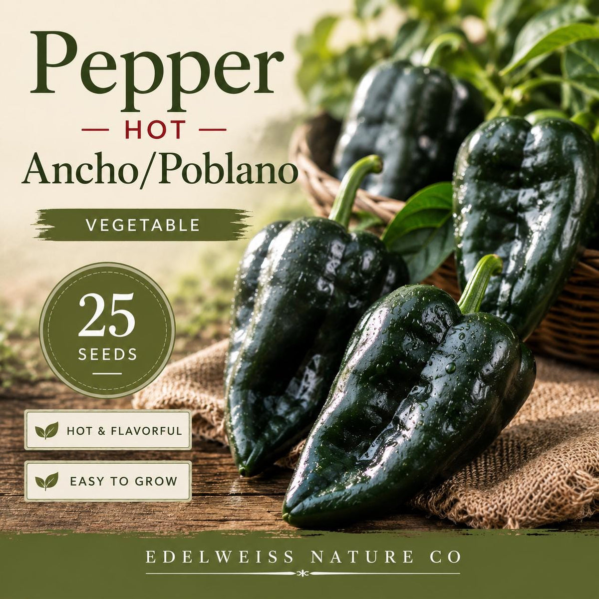 Ancho Poblano Pepper 25 Seeds – Heirloom Non-GMO Capsicum annuum Mild Hot Garden Vegetable