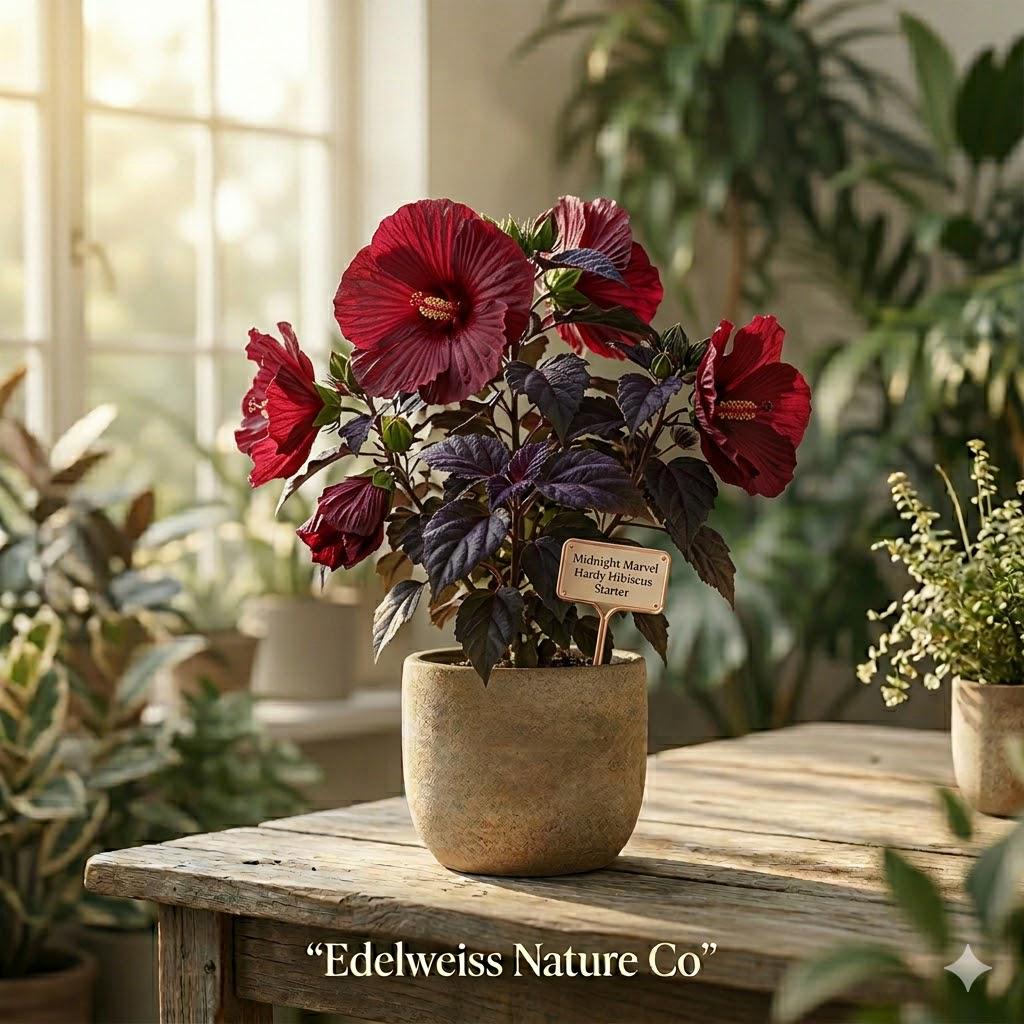 Midnight Marvel Hardy Hibiscus Starter Plant – Red Flower, Dark Foliage Hibiscus Moscheutos