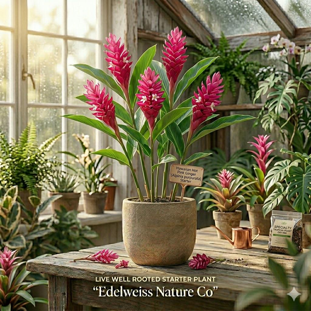 1 Hawaiian Hot Pink Ginger Starter Plant | Alpinia purpurata Tropical Flower