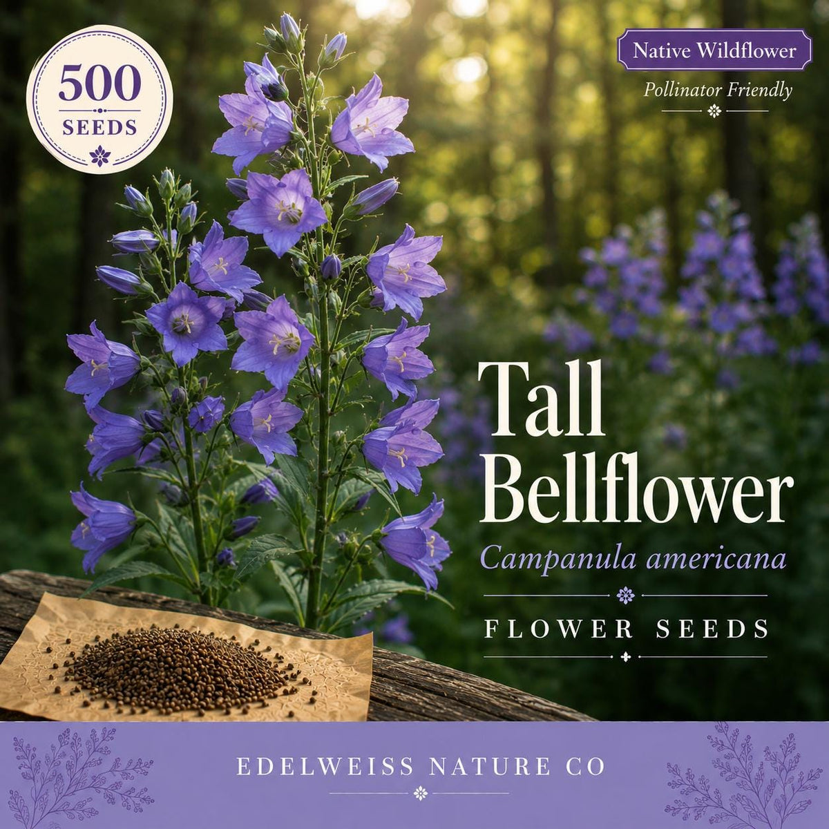 500 Tall Bellflower Seeds – Native Blue Wildflower for Woodland Pollinator Gardens