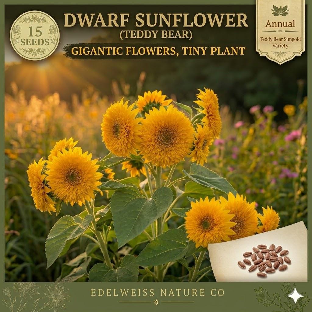 Teddy Bear Sunflower Seeds – 15 Dwarf Sungold Double Bloom Seeds for Planting