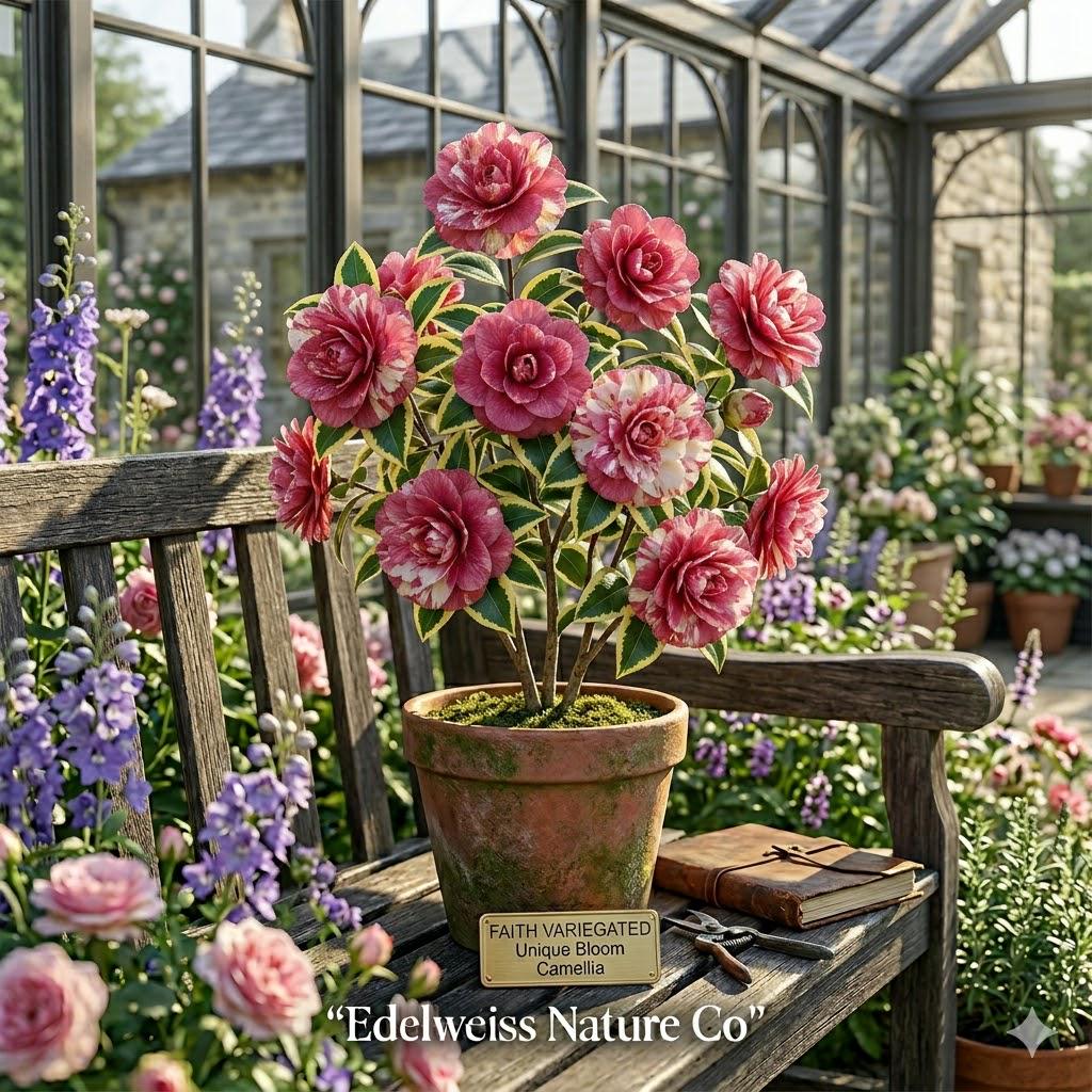 1 Faith Variegated Camellia Live Plant – Japonica Evergreen Flowering Shrub